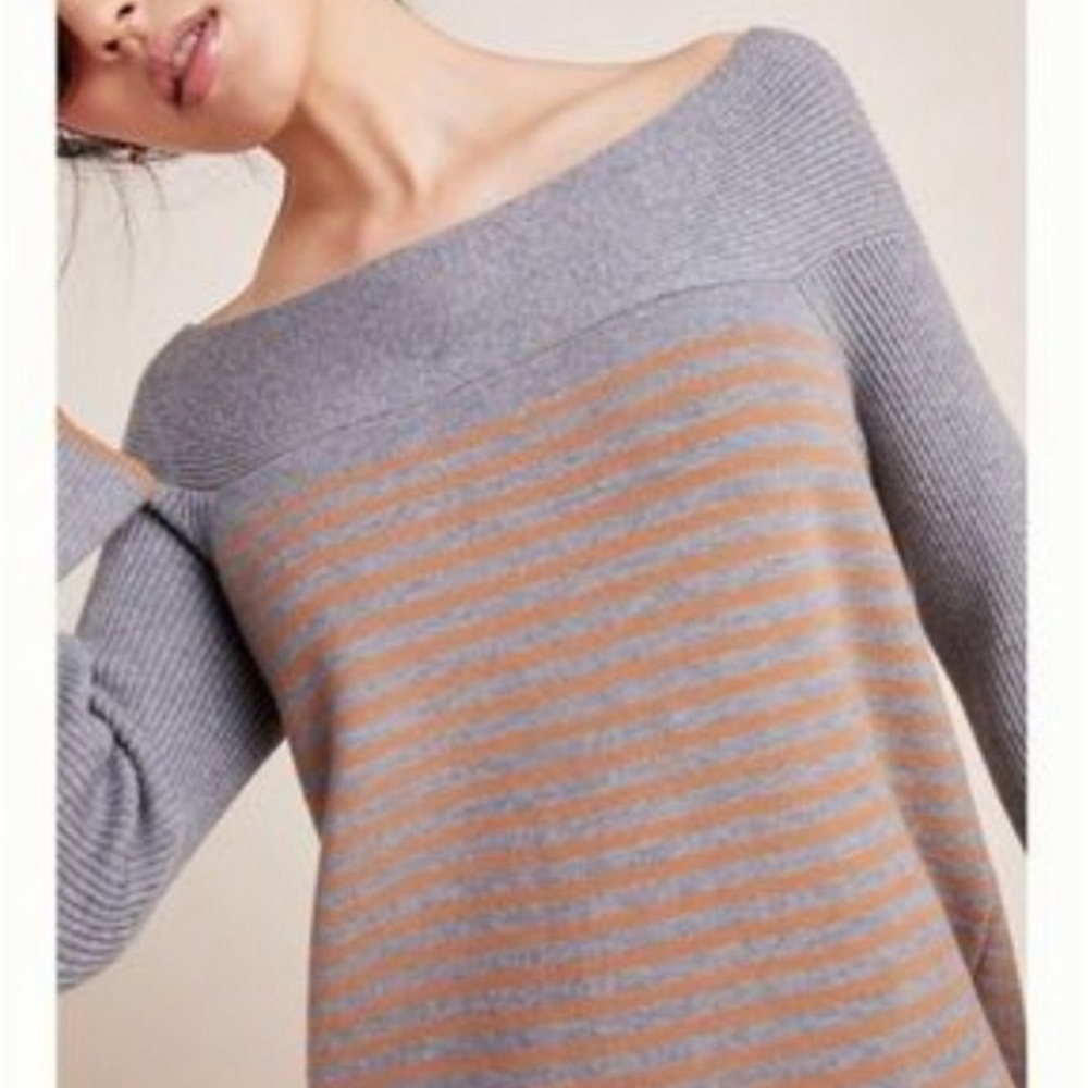 Anthropologie Off-Shoulder Gray & Orange Striped Women's Tunic Sweater